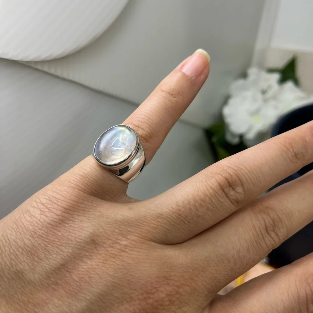 Vintage Sterling Silver Rainbow Moonstone Ring – Size 5 – Bold Artisan Design
